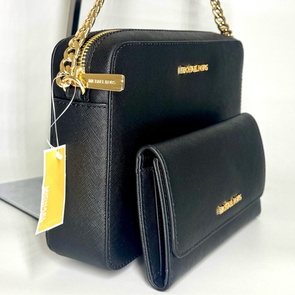 Michael Kors Jet Set Large Logo Crossbody Bag & Matching Trifold Wallet Black - Picture 4 of 11